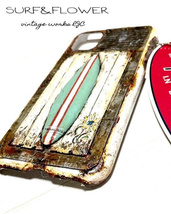 古材風サビ塗装サーフ&シャビーフラワースマホケース