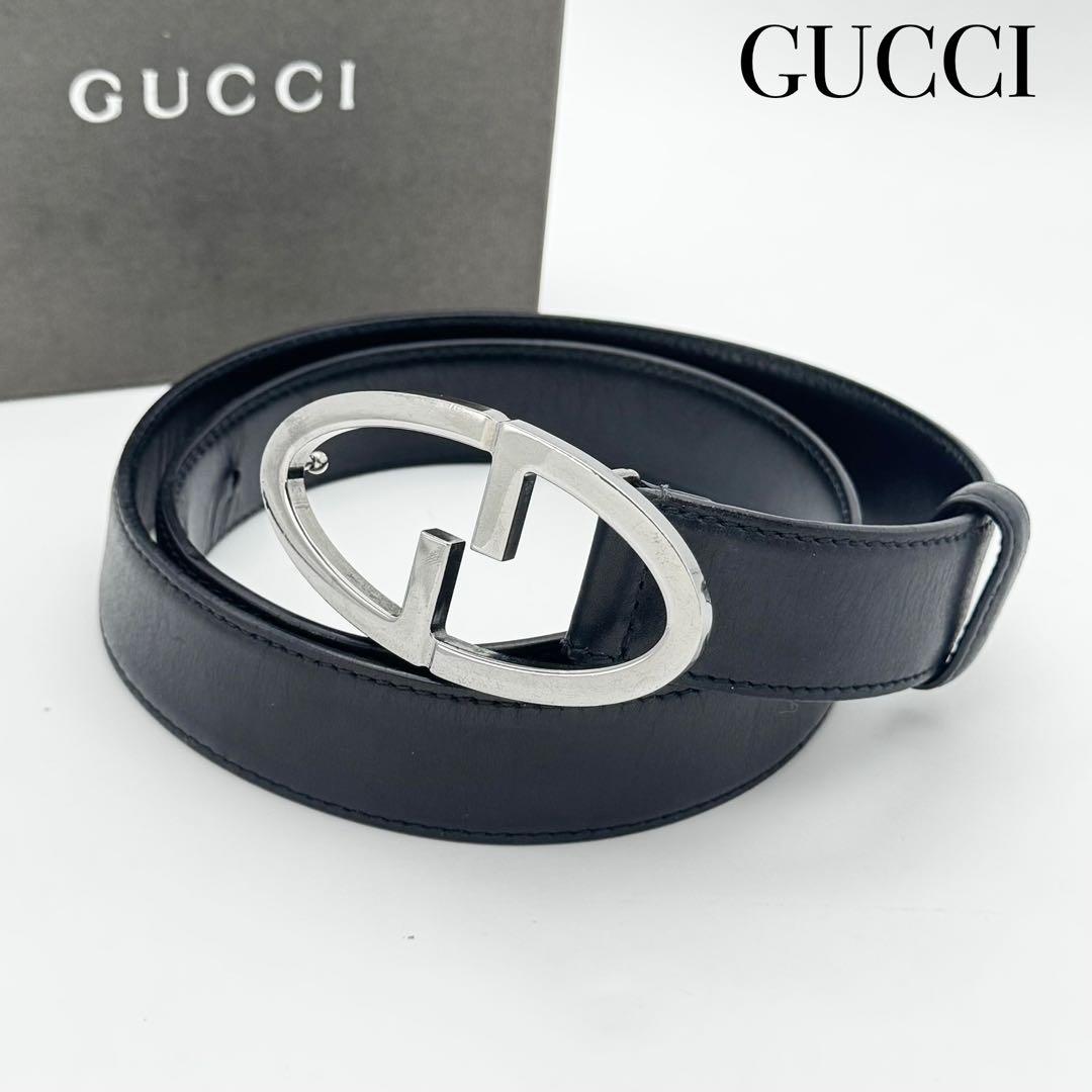 GUCCI グッチ Gバックル オーバル レザー ベルト ブラック メンズ 黒