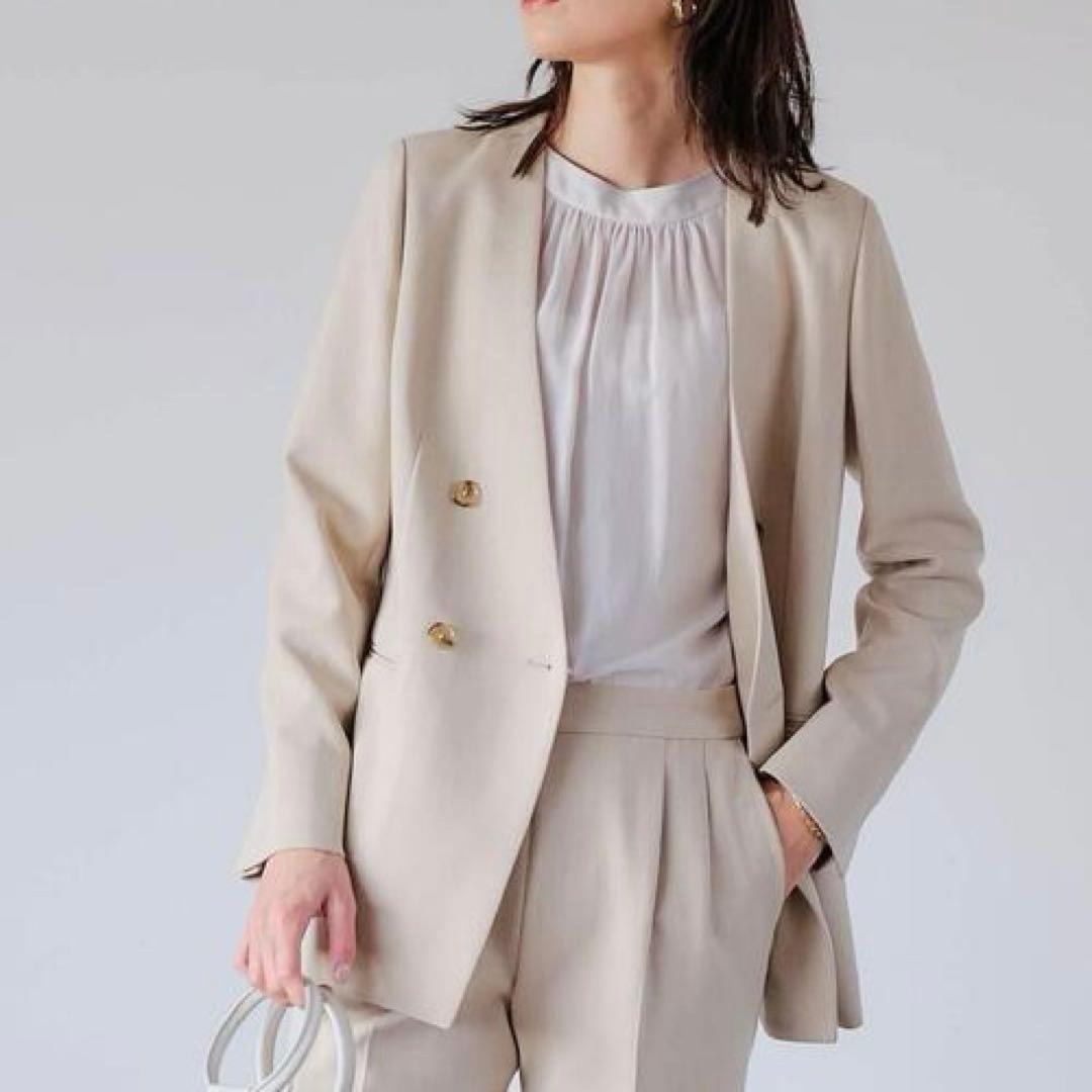 【グリーンレーベルリラクシング】パンツ　スーツ　リオペル　ベージュ　ダブル