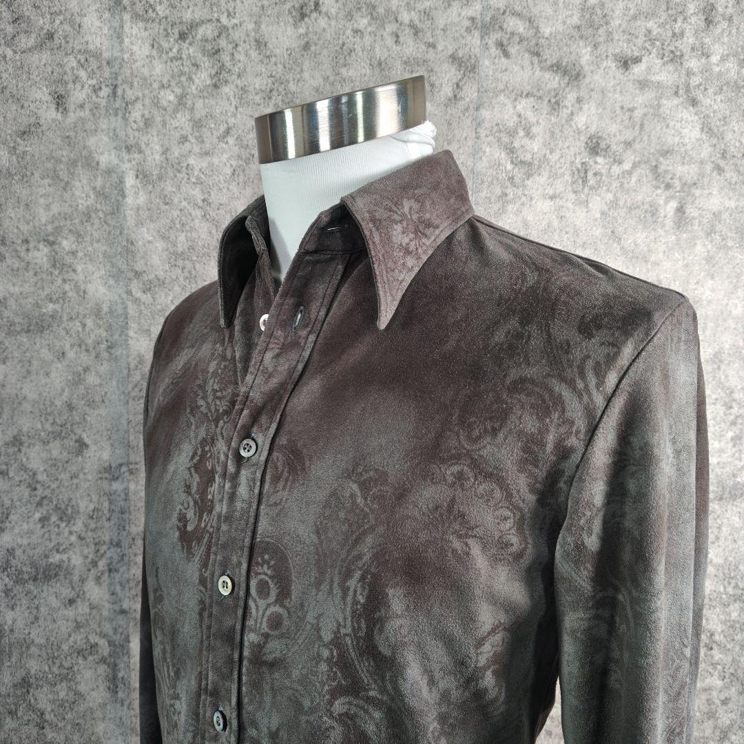 ​美品 シェラック 総柄 スエード調 ストレッチ シャツ グレー 46M 日本製