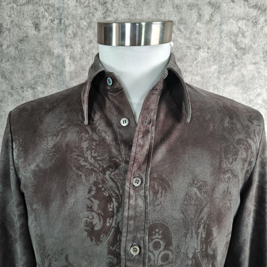​美品 シェラック 総柄 スエード調 ストレッチ シャツ グレー 46M 日本製