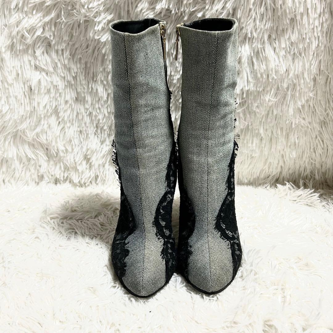 ドルチェ&ガッバーナ デニム×レース ショートブーツ 39 ヒール12.5cm