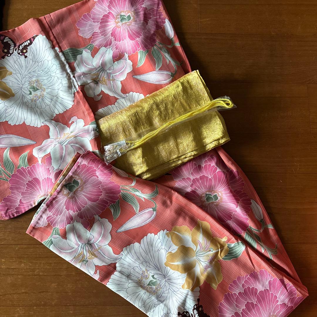 撫松庵　浴衣　帯、帯締めセット　セオアルファ　サーモスピンク　華と蝶