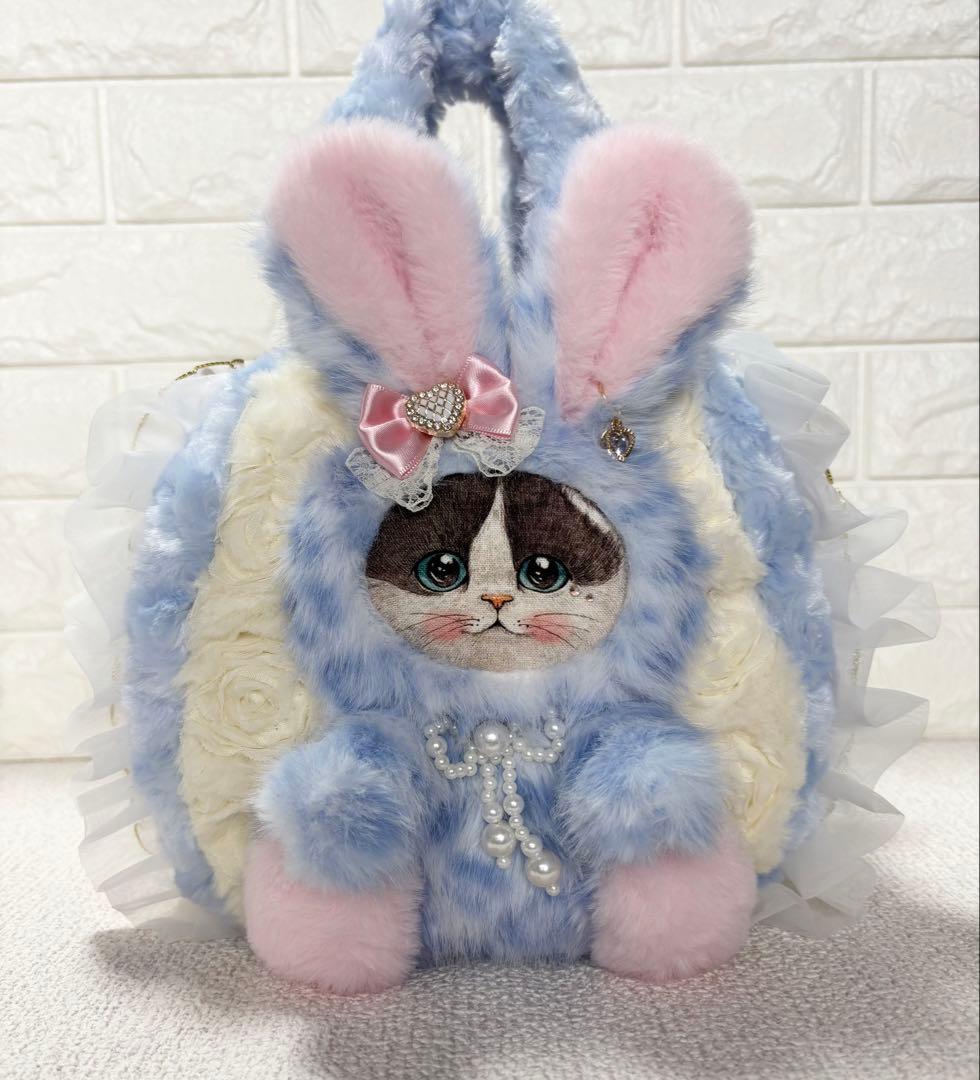 ゆ*ら様 コヤンイサムチョン　ハンドメイド　ファーフリルバッグ水色　ヒョウ柄　ハ