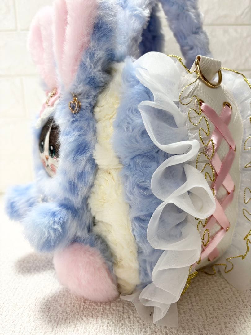 ゆ*ら様 コヤンイサムチョン　ハンドメイド　ファーフリルバッグ水色　ヒョウ柄　ハ