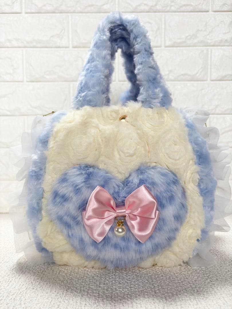 ゆ*ら様 コヤンイサムチョン　ハンドメイド　ファーフリルバッグ水色　ヒョウ柄　ハ