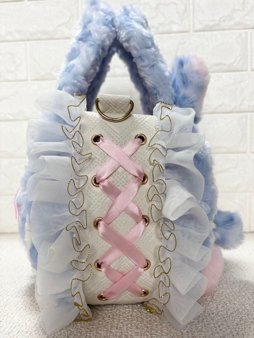 ゆ*ら様 コヤンイサムチョン　ハンドメイド　ファーフリルバッグ水色　ヒョウ柄　ハ