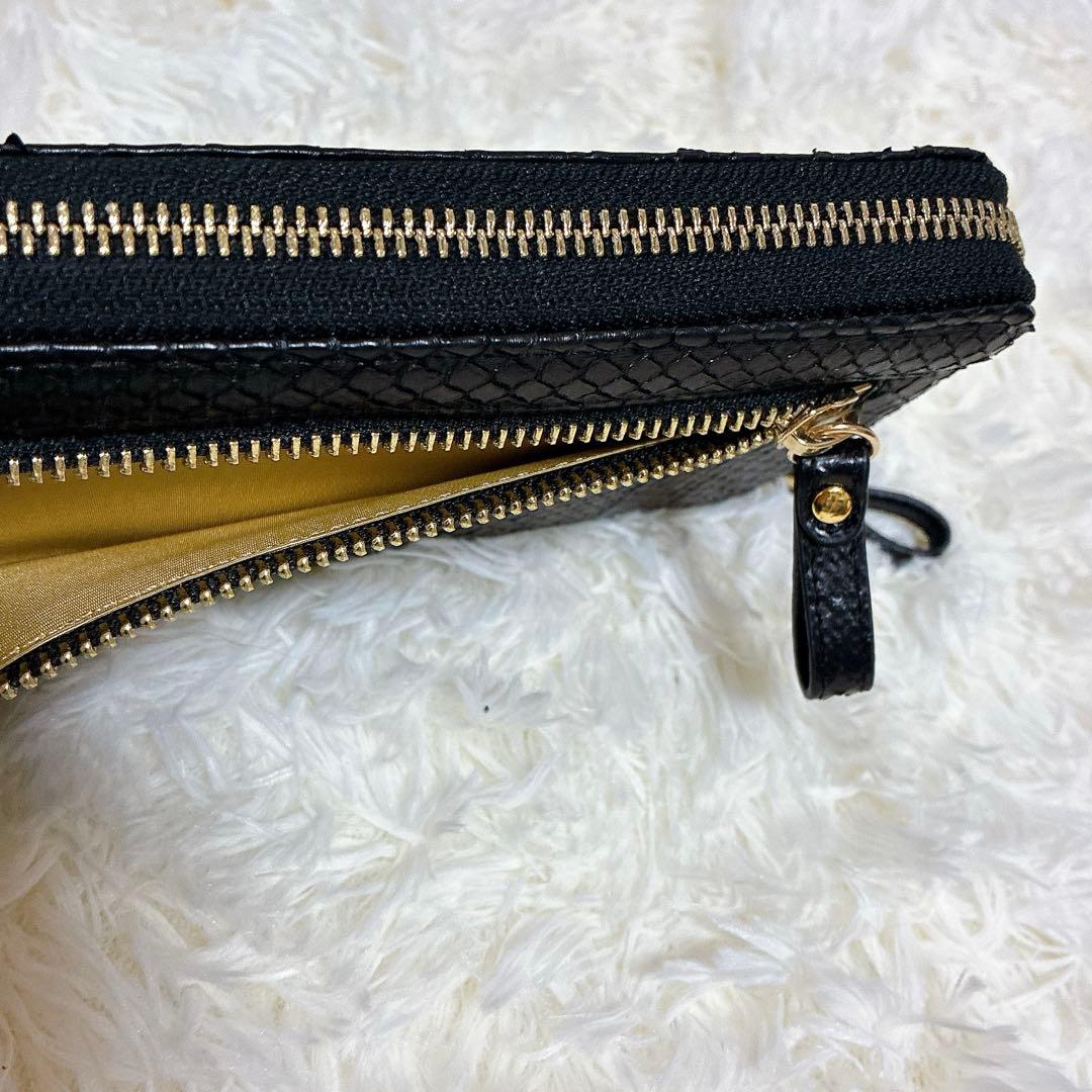 財布　パイソン　蛇革　長財布　本革　黒 ラウンドファスナー（ユニセックス対応）