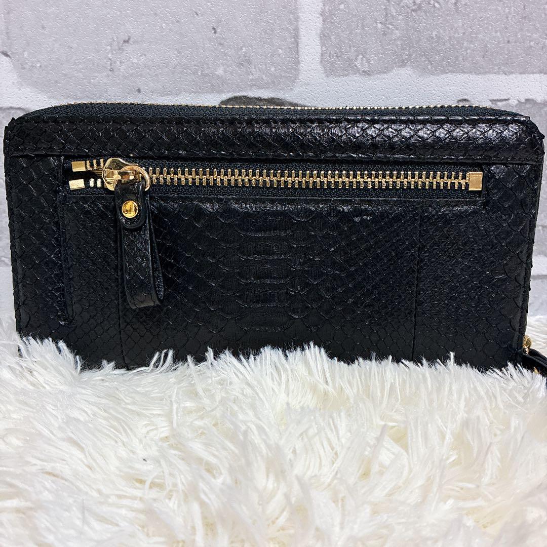 財布　パイソン　蛇革　長財布　本革　黒 ラウンドファスナー（ユニセックス対応）