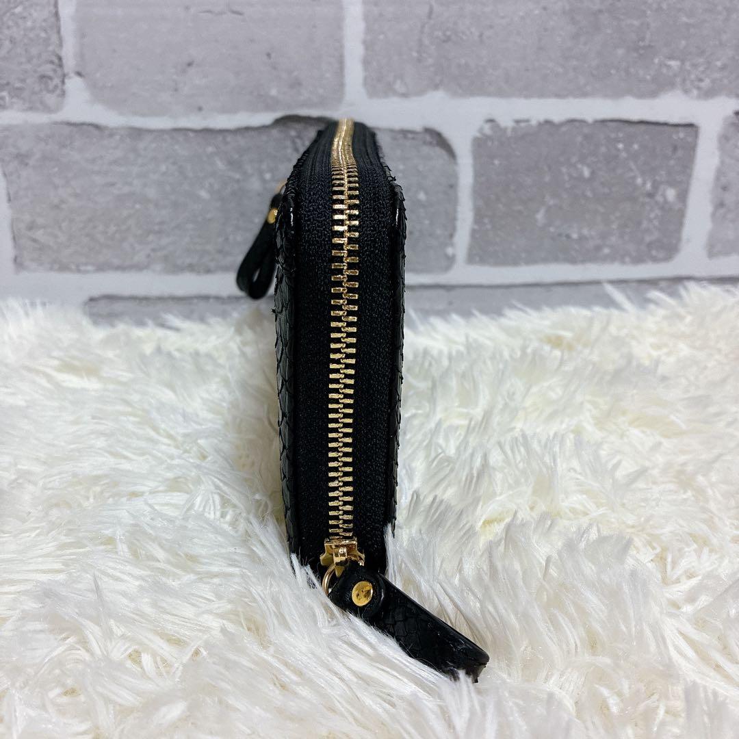 財布　パイソン　蛇革　長財布　本革　黒 ラウンドファスナー（ユニセックス対応）