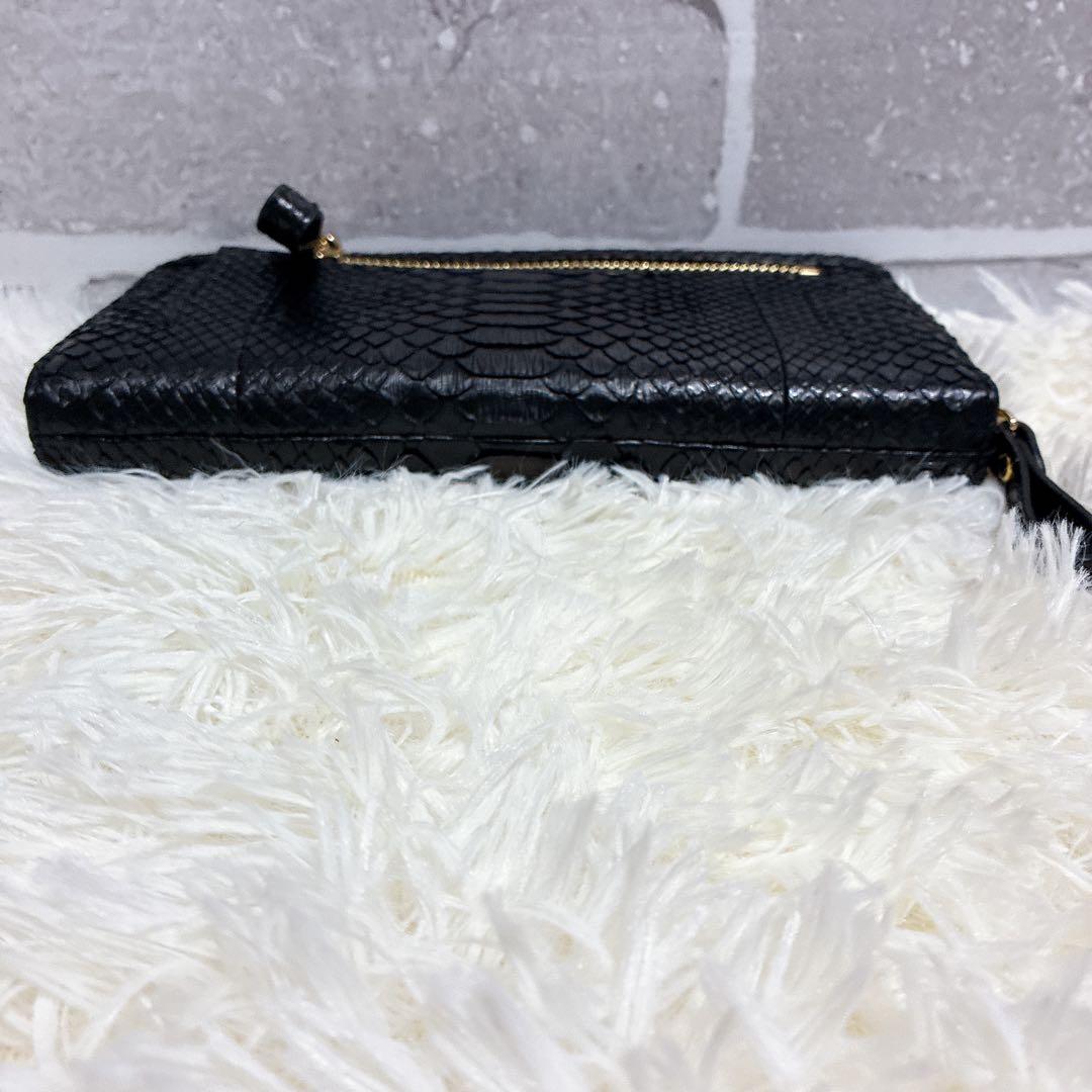 財布　パイソン　蛇革　長財布　本革　黒 ラウンドファスナー（ユニセックス対応）