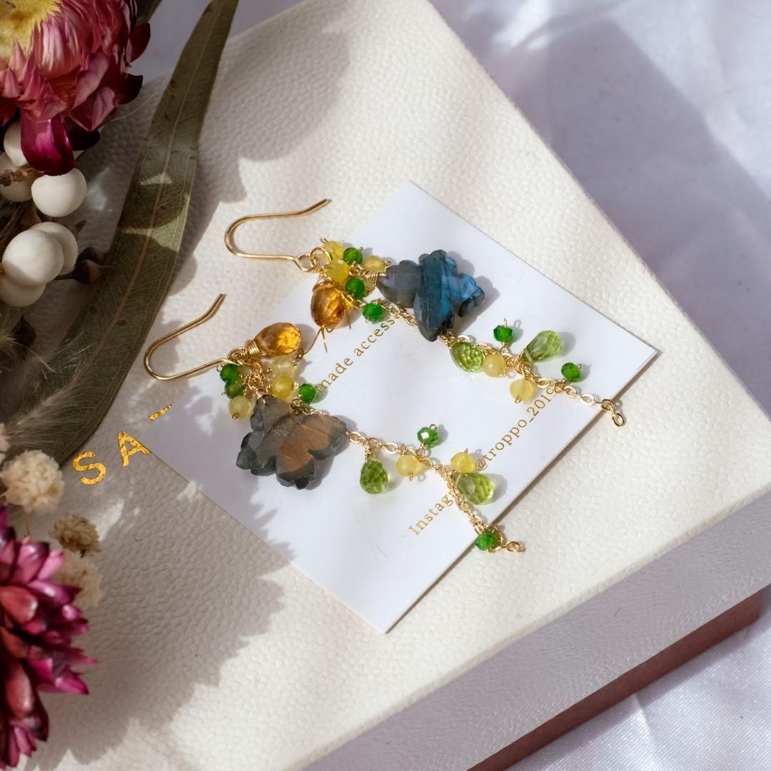 白妙 ♦︎14kgfラブラドライトバタフライカービングピアス/イヤリング