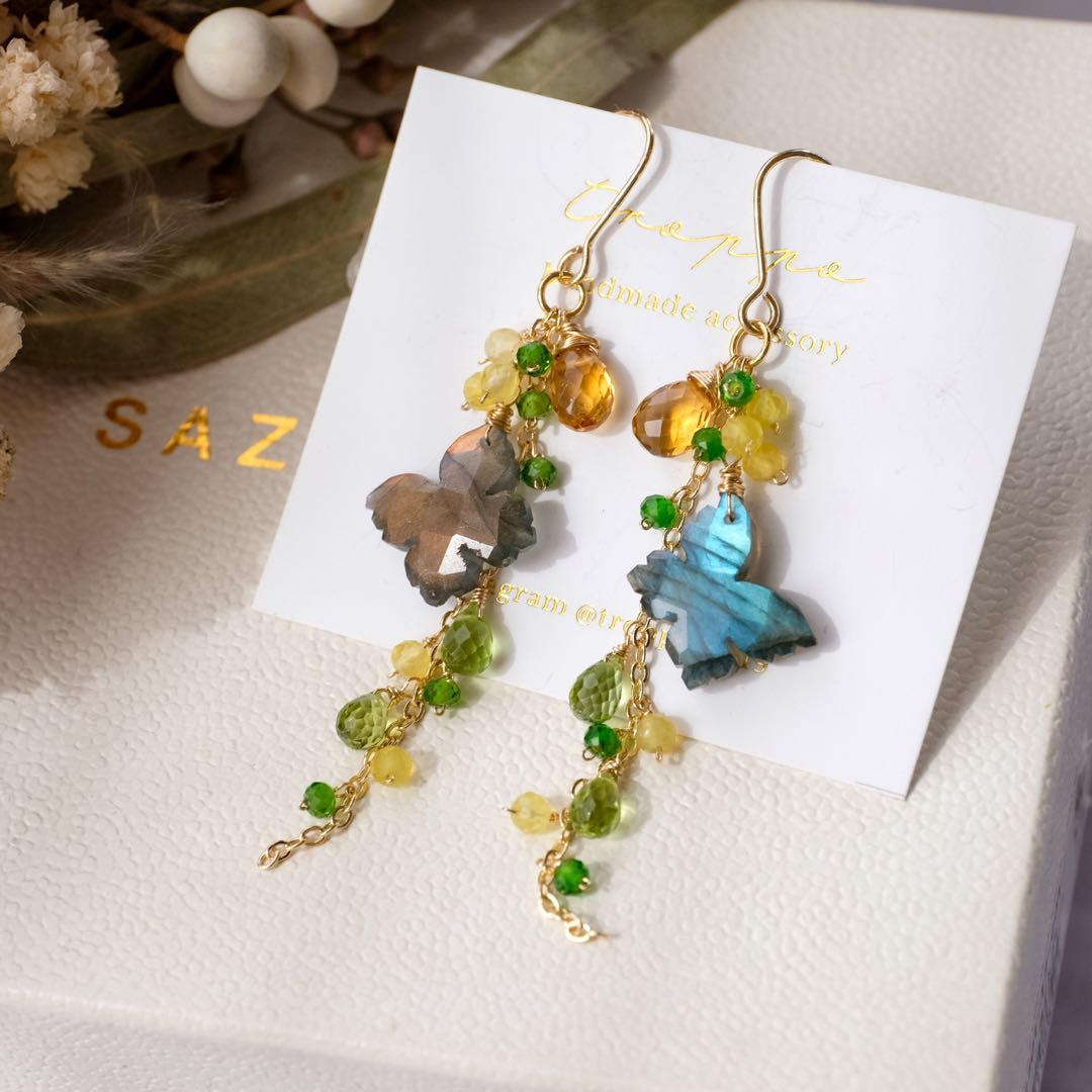 白妙 ♦︎14kgfラブラドライトバタフライカービングピアス/イヤリング