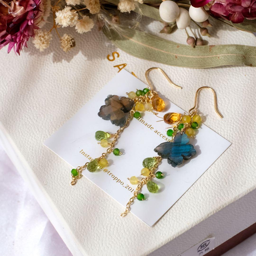 白妙 ♦︎14kgfラブラドライトバタフライカービングピアス/イヤリング