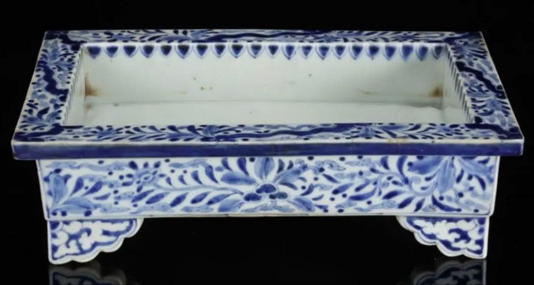 古伊万里 染付花唐草文 雲足 四方水盤 幅31㎝ 盆栽鉢 水石鉢 古美術 骨董品