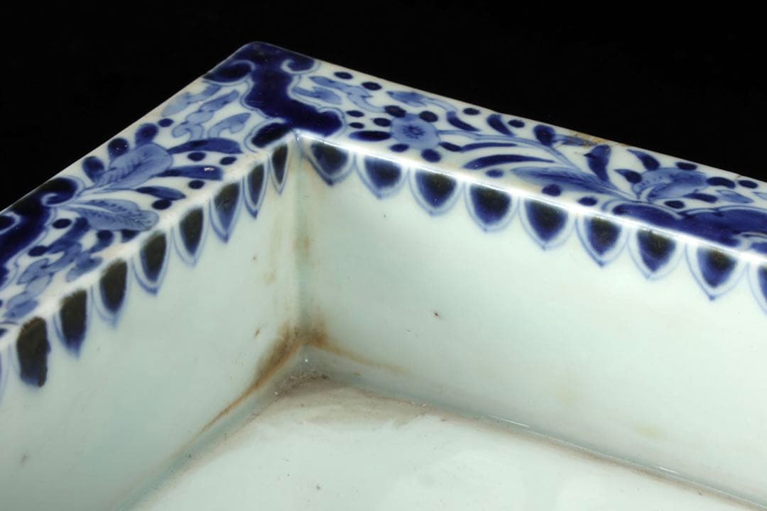 古伊万里 染付花唐草文 雲足 四方水盤 幅31㎝ 盆栽鉢 水石鉢 古美術 骨董品