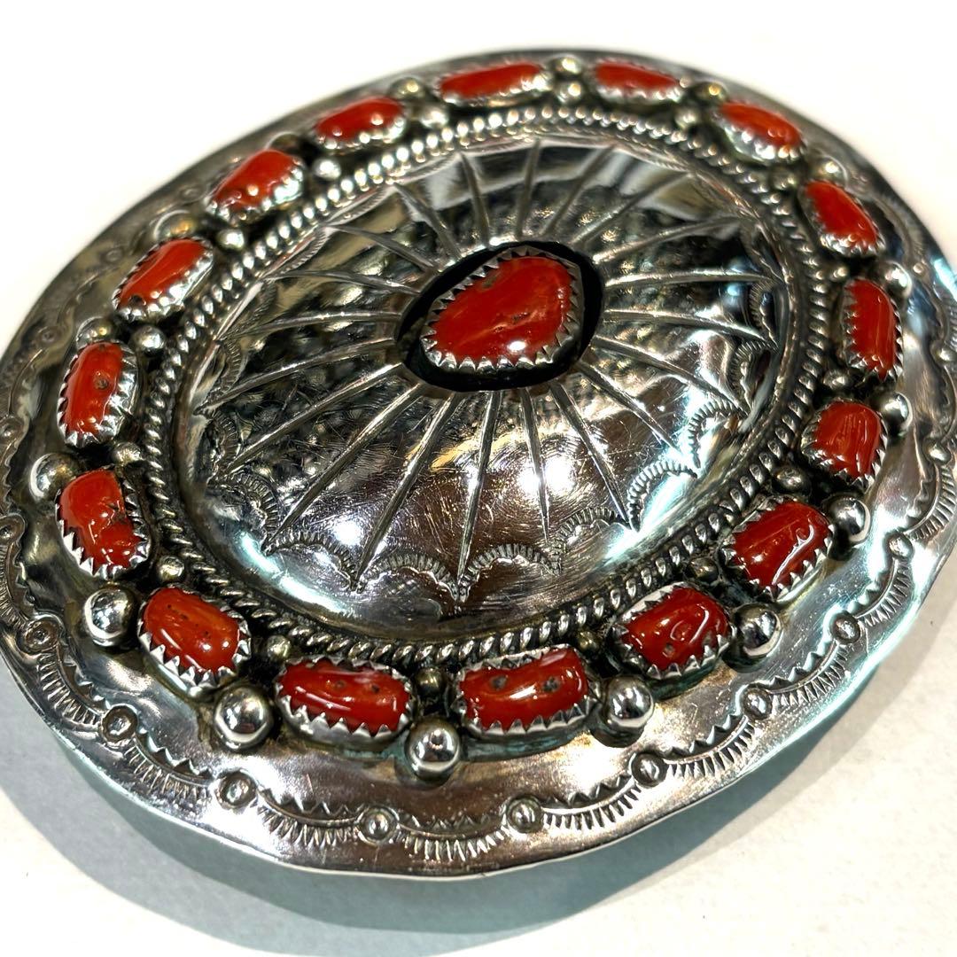 ビンテージ　インディアンジュエリー　バックル　シルバー　コーラル　スターリング