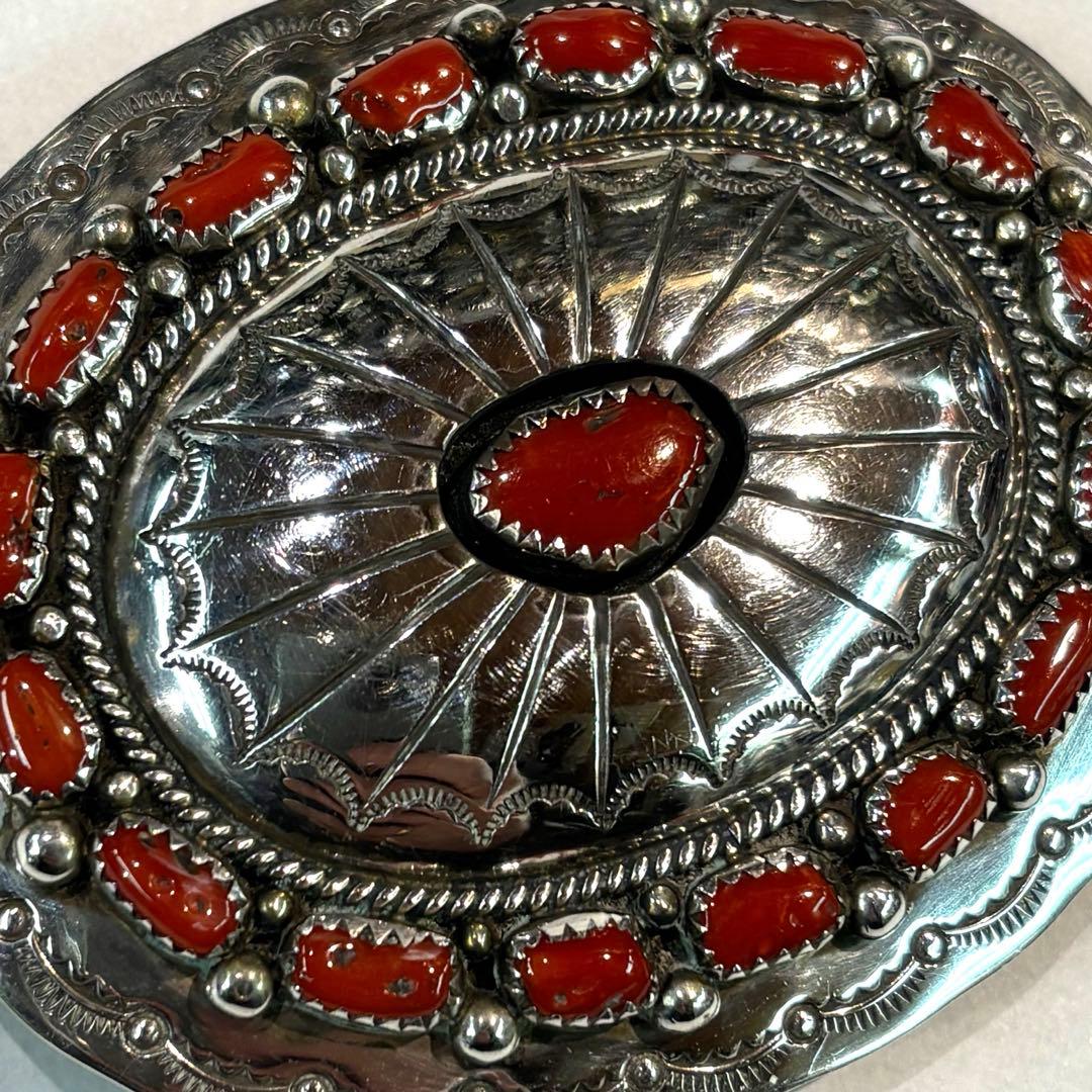 ビンテージ　インディアンジュエリー　バックル　シルバー　コーラル　スターリング