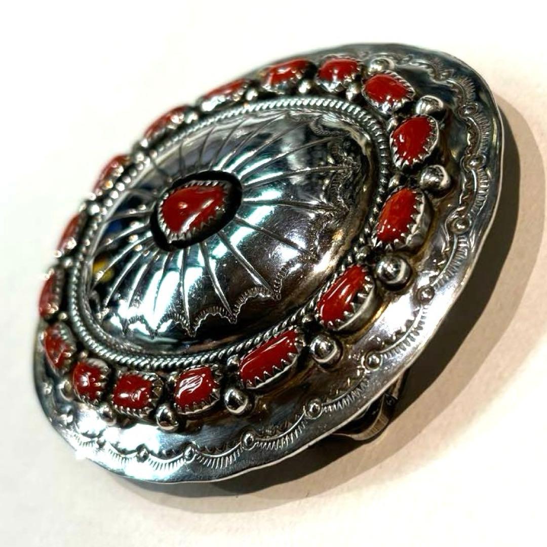 ビンテージ　インディアンジュエリー　バックル　シルバー　コーラル　スターリング