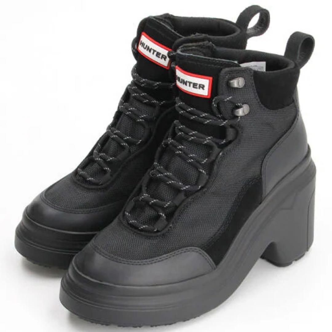 HUNTER ハンター 厚底 レースアップ ヒールブーツ 防水 黒 25cm