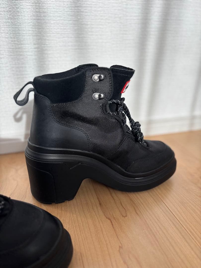 HUNTER ハンター 厚底 レースアップ ヒールブーツ 防水 黒 25cm