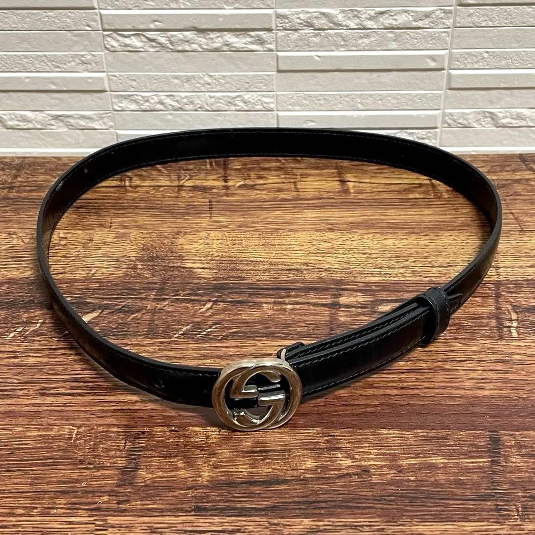 グッチ GG インターロッキング バックル ベルト レザー シルバー ブラック.