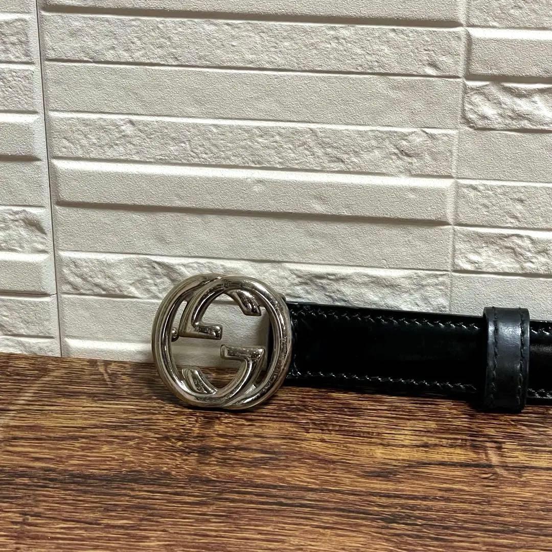 グッチ GG インターロッキング バックル ベルト レザー シルバー ブラック.