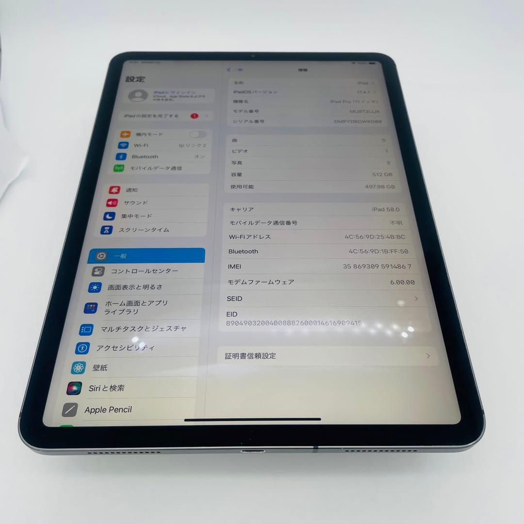電池100% iPad Pro 11インチ　512 GB セルラー　本体