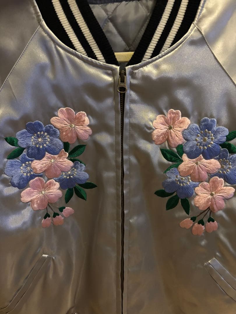 シルバー スカジャン 花とドラゴン刺繍