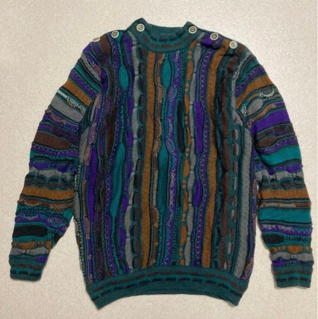 即完売 coogi クージー 3Dニット マルチカラー 総柄　ボタン取れ