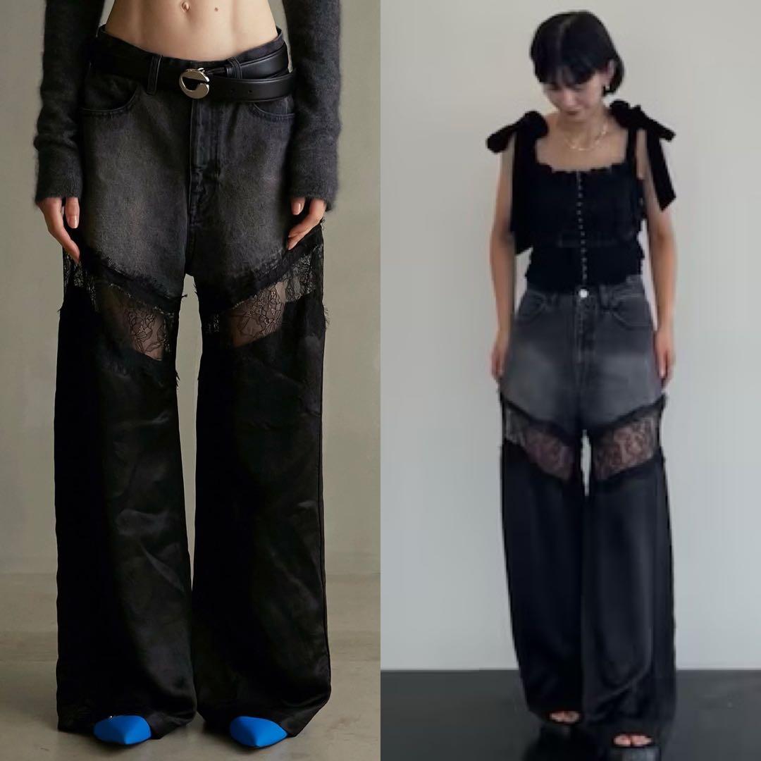 prank project デニムレースブロッキングパンツ 黒 36