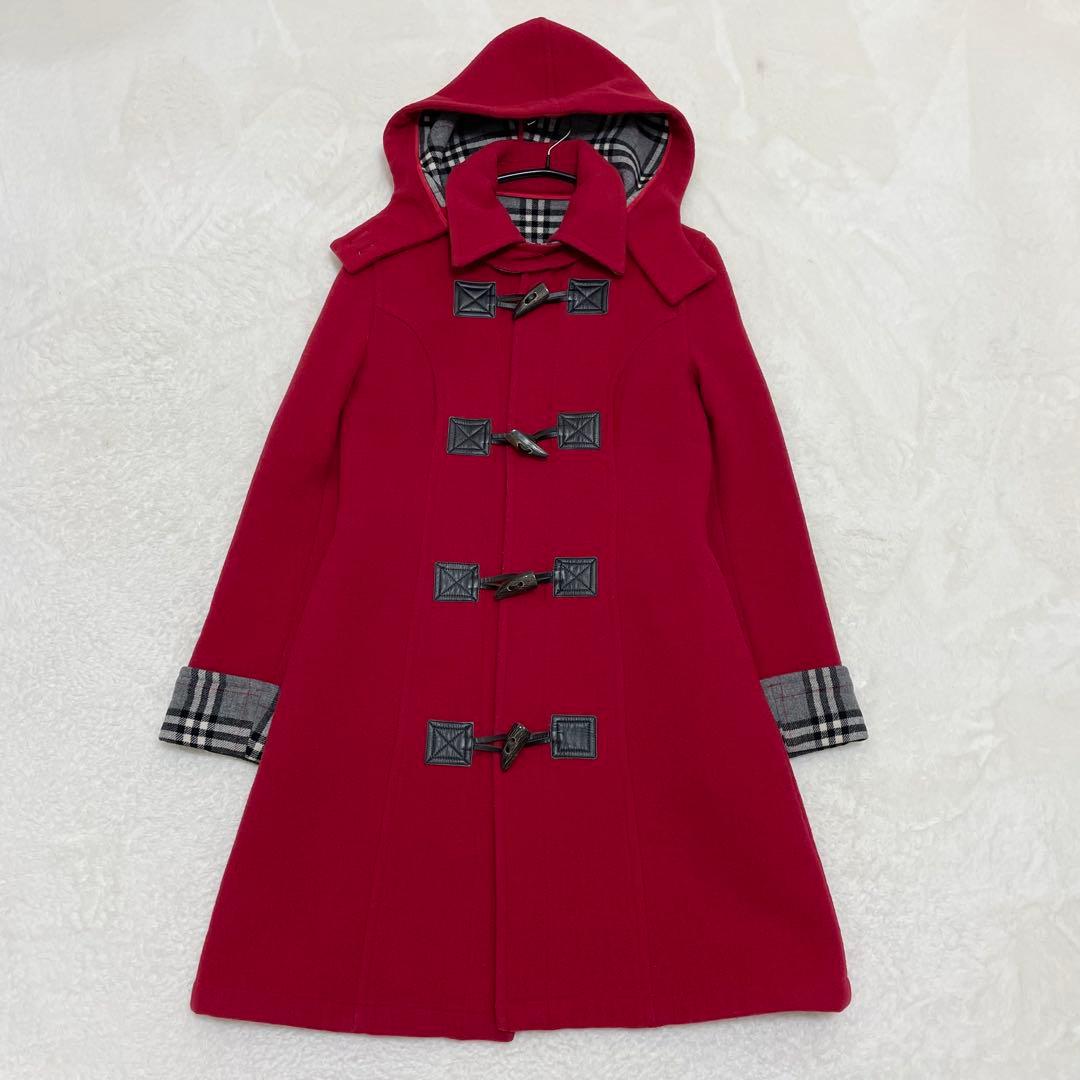 【美品】バーバリーブルーレーベル ノバチェック ダッフルコート レッド グレー