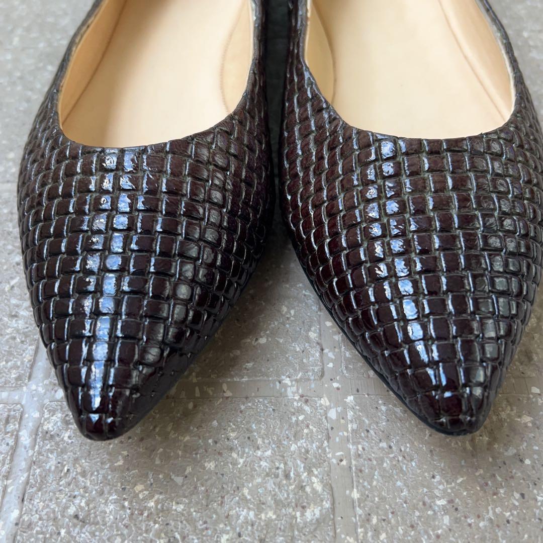 SAYA カーキブラック　ポインテッドトゥ フラットパンプス　24cm 編み込み