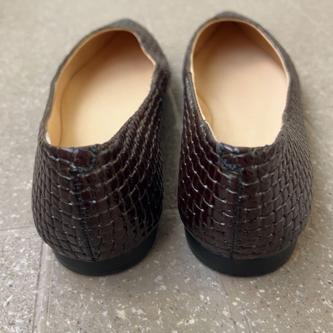 SAYA カーキブラック　ポインテッドトゥ フラットパンプス　24cm 編み込み