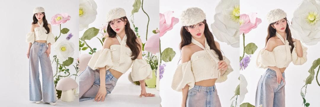 ダーリッチ darich ホルターネックオフショルツイードトップス イエロー