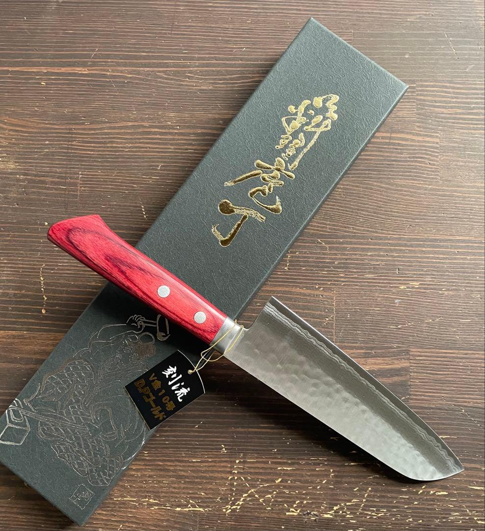 増谷刃物 三徳包丁VG10ステンレス積層槌目 刻流 口金有レッド柄 アウトレット