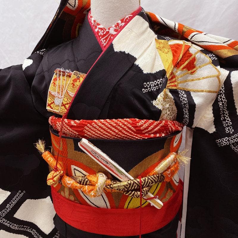 510ag36◎七五三 七歳 女児 着物&袋帯 部分絞り 金駒刺繍 刺繍 黒◎