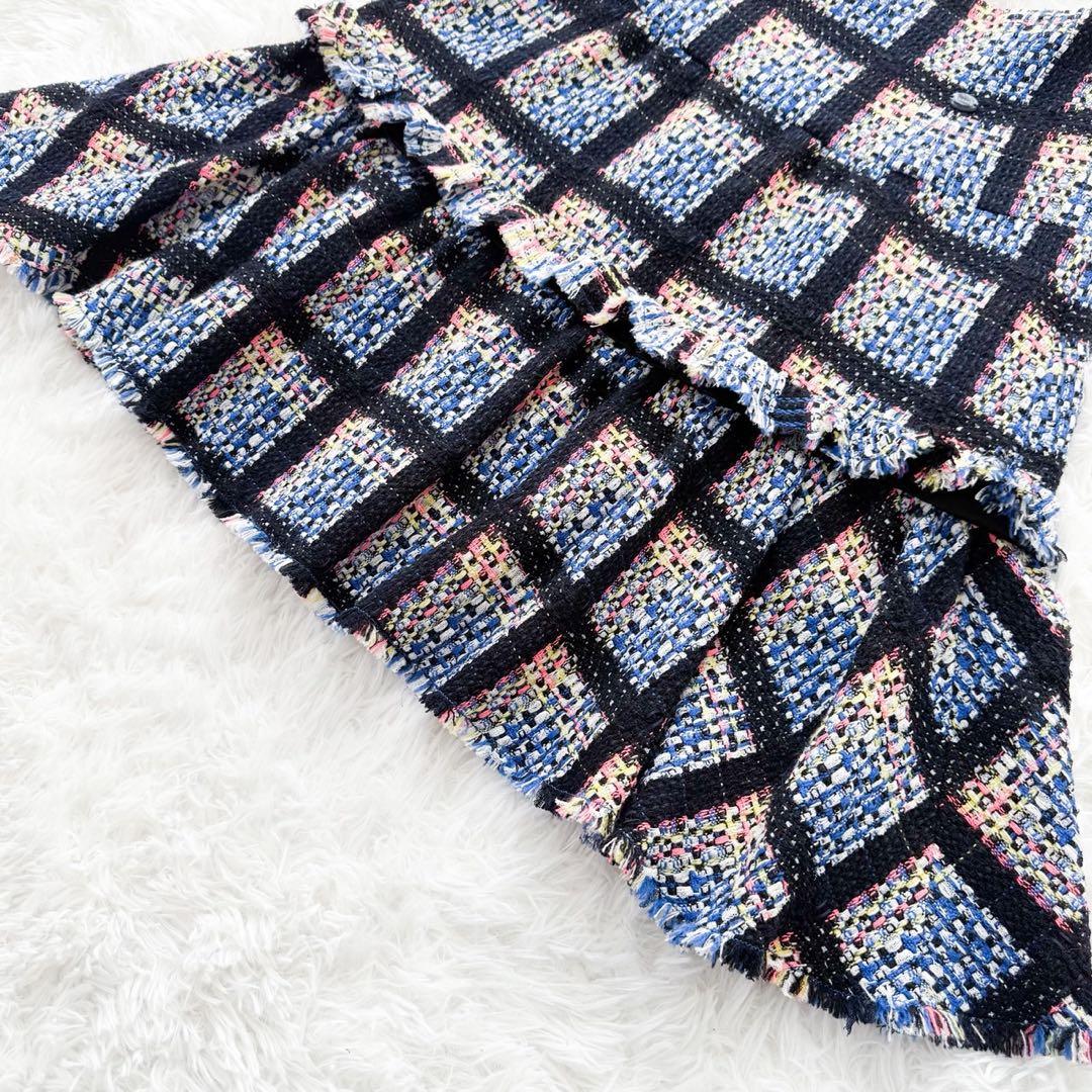 美品 CHANEL 09P ミックスツイードフレアスカート ロゴプレート 42