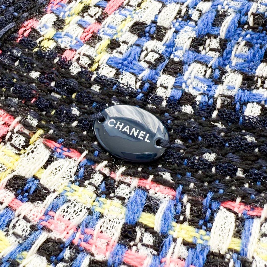 美品 CHANEL 09P ミックスツイードフレアスカート ロゴプレート 42