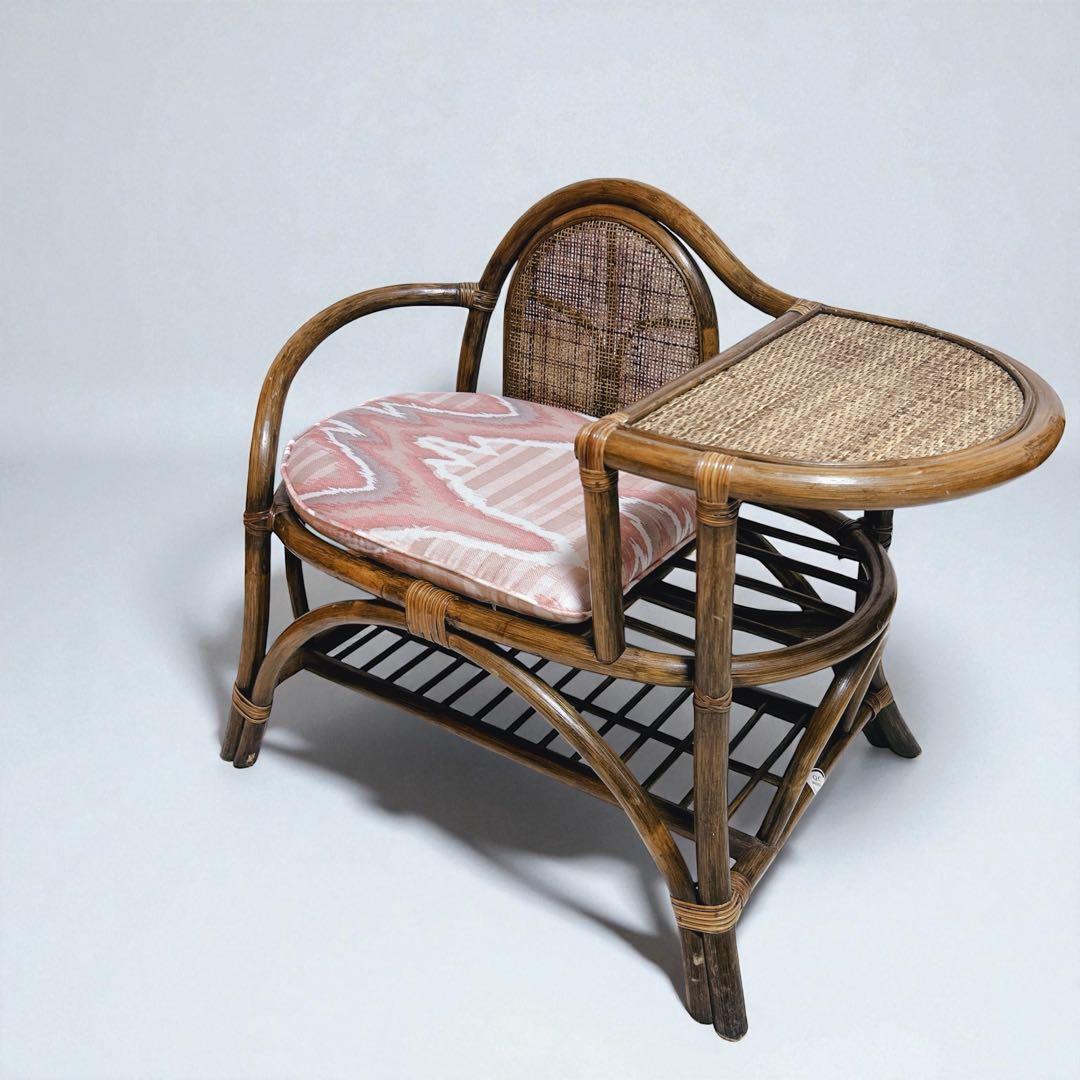 【美品】 ラタンチェア テレフォンベンチ 籐家具 サイドテーブル付 アンティーク