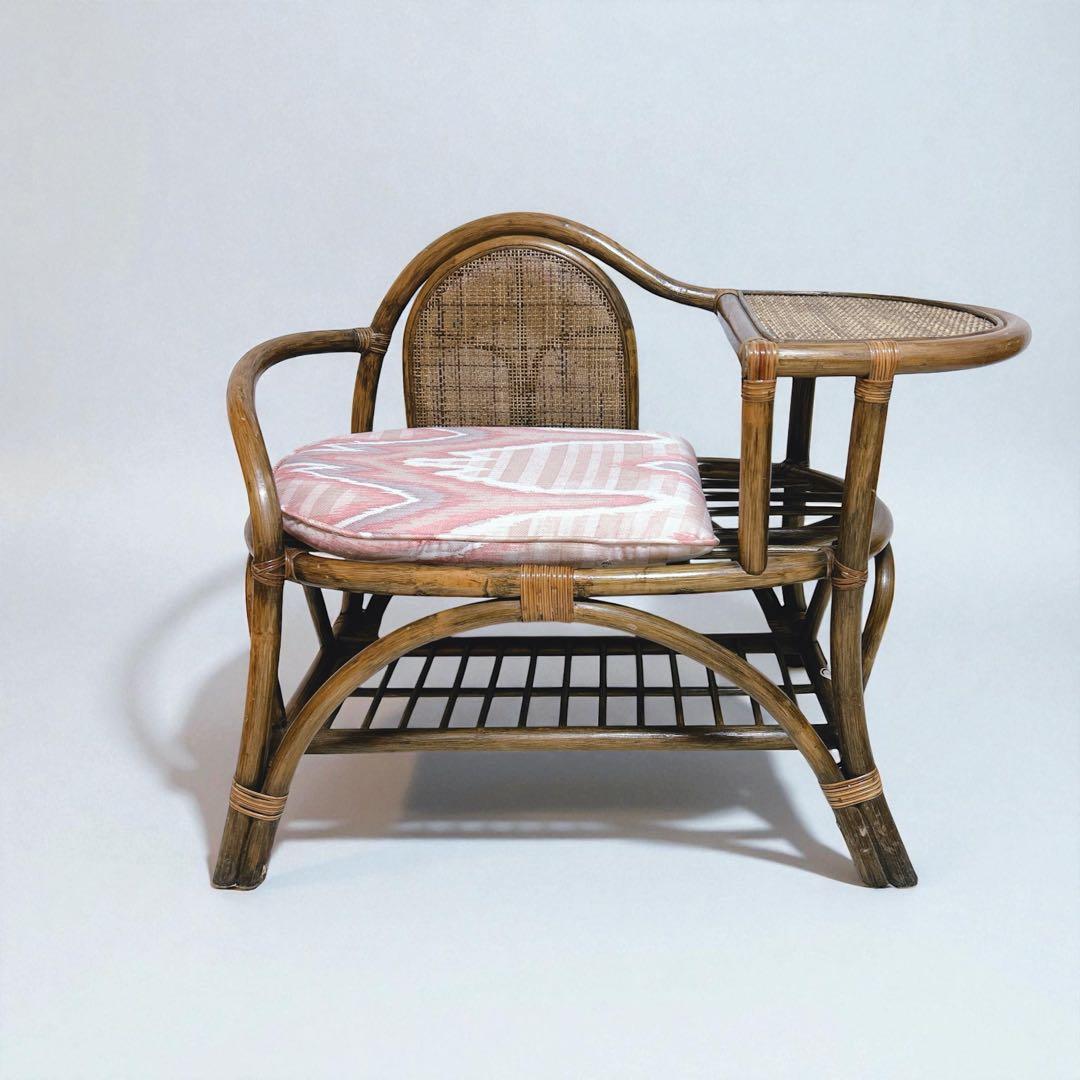 【美品】 ラタンチェア テレフォンベンチ 籐家具 サイドテーブル付 アンティーク