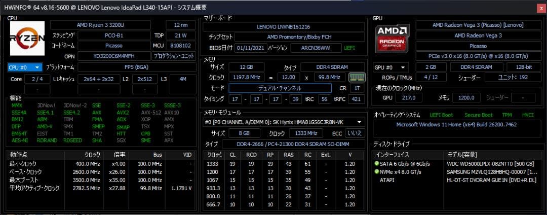 Windowsノート本体 ideapad L340(Ryzen3/12G/128+500G/Office)