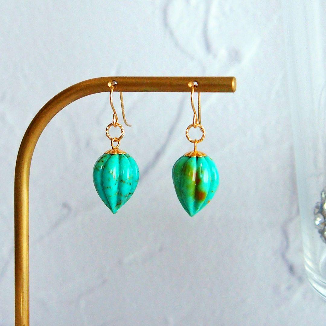 訳あり特価✨大粒ターコイズ　カービング　ピアス　イヤリング　チャーム　14kgf