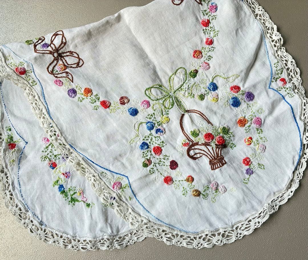 フランスアンティーク　ヴィンテージ*大きな花かご刺繍　ドイリー　かごカバー
