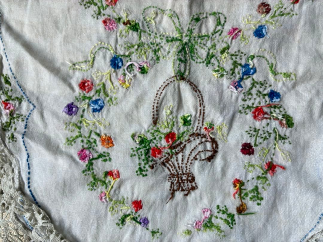 フランスアンティーク　ヴィンテージ*大きな花かご刺繍　ドイリー　かごカバー