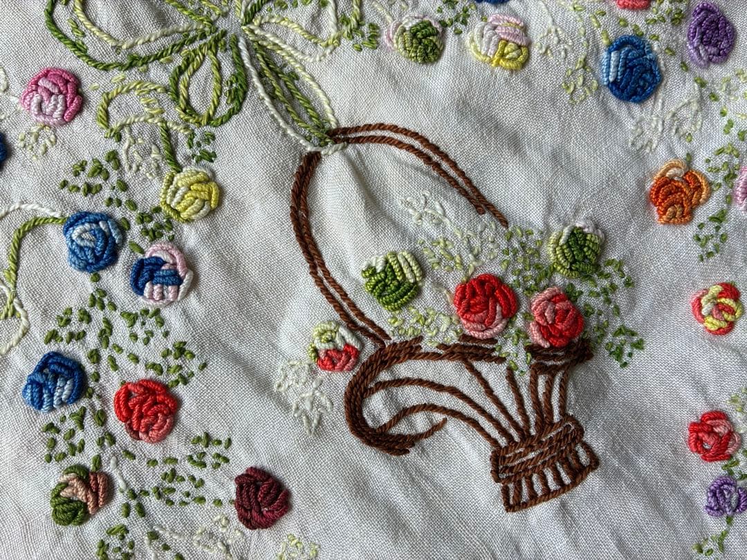 フランスアンティーク　ヴィンテージ*大きな花かご刺繍　ドイリー　かごカバー