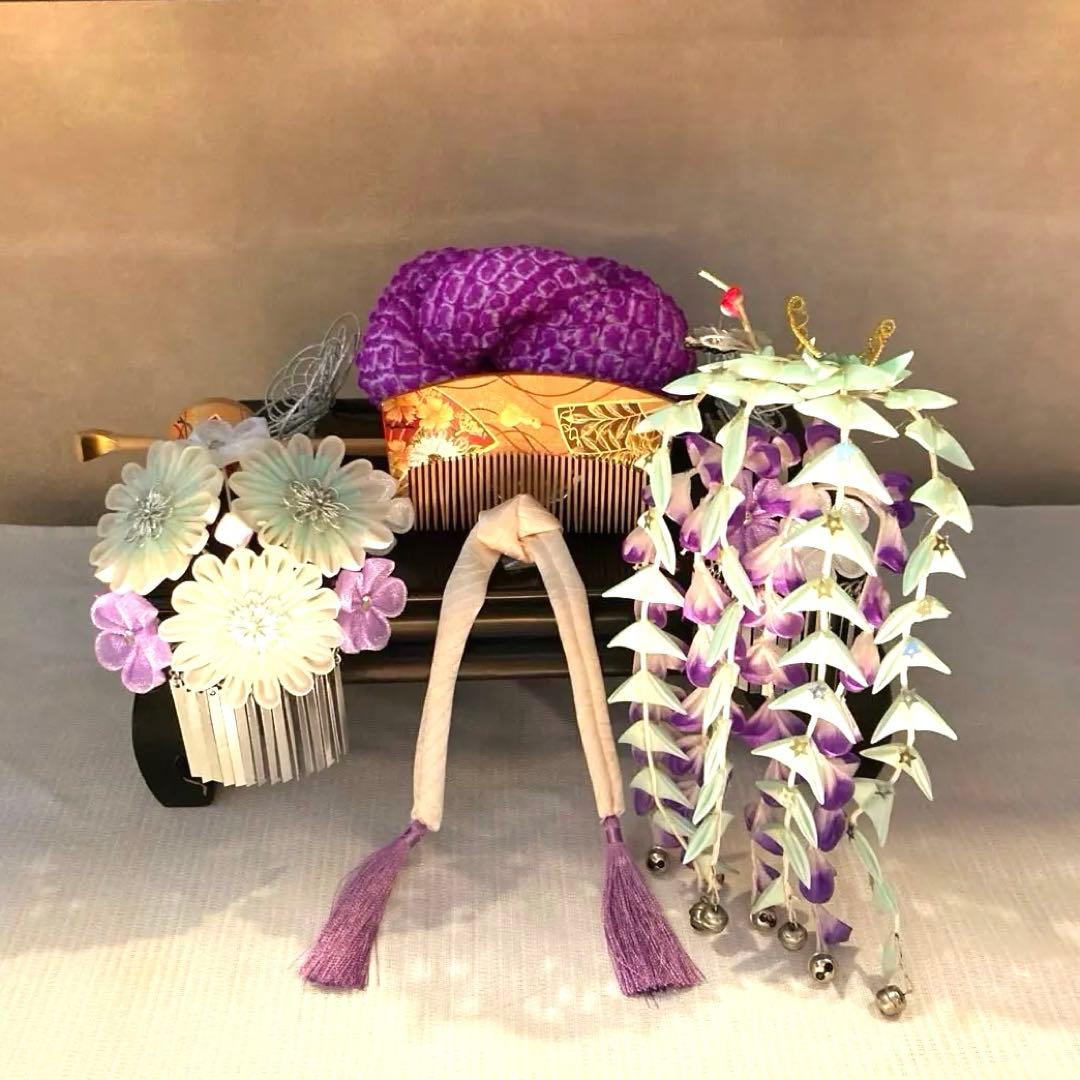 美しアンティーク　藤下がり　花簪　櫛平打ち簪　Uピン水引簪　選べる鹿の子ちんころ