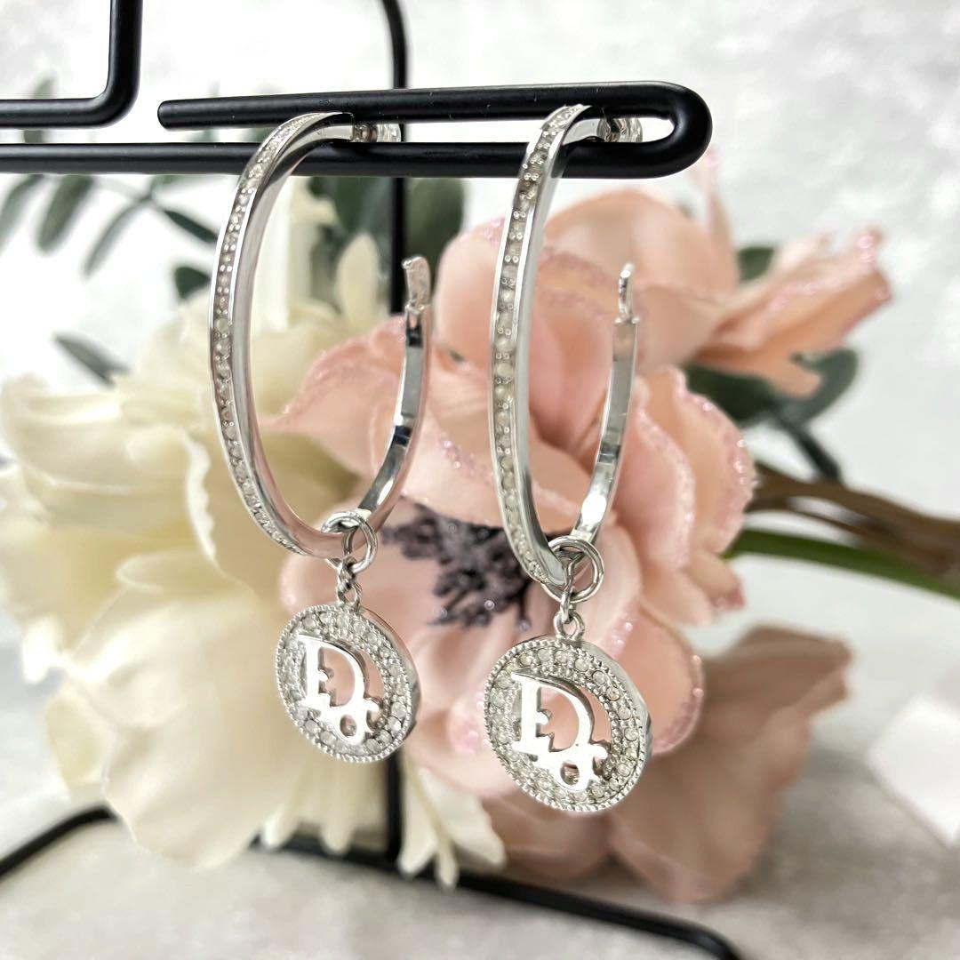 クリスチャンディオール トロッターロゴ ラインストーン フープ ピアス