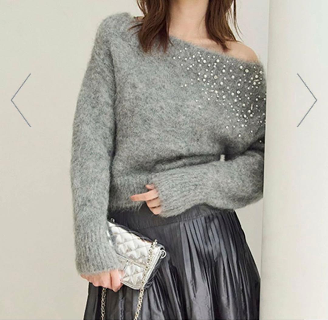 新品フレイアイディー FRAY ID アルパカシャギービジューオフショルニット