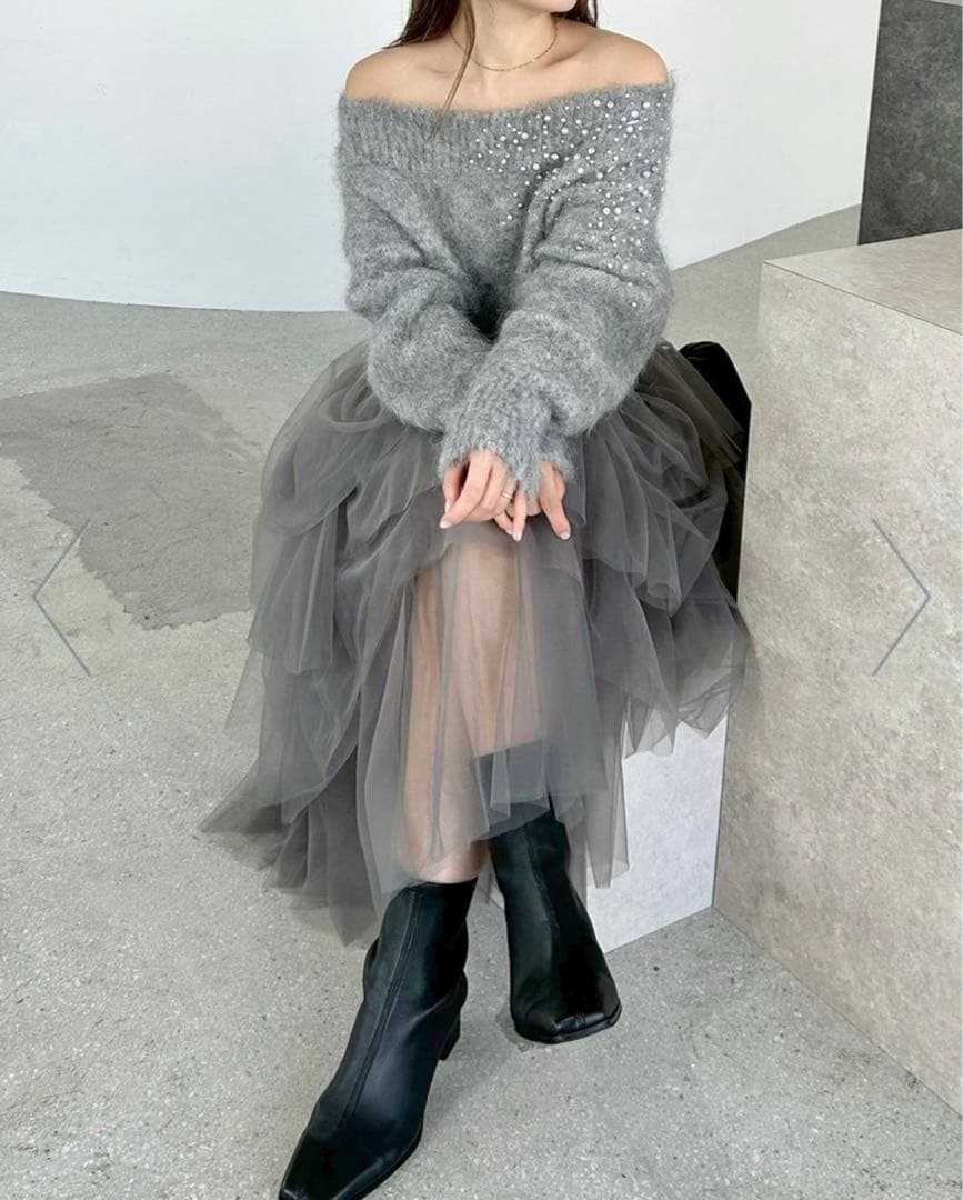 新品フレイアイディー FRAY ID アルパカシャギービジューオフショルニット